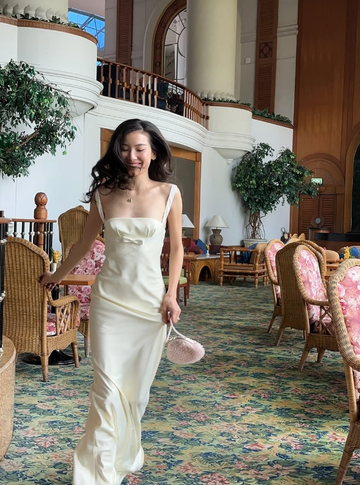 Simple Ivory A Line Straps Satin Long Wedding Guest Dress Party Dress HZ1023